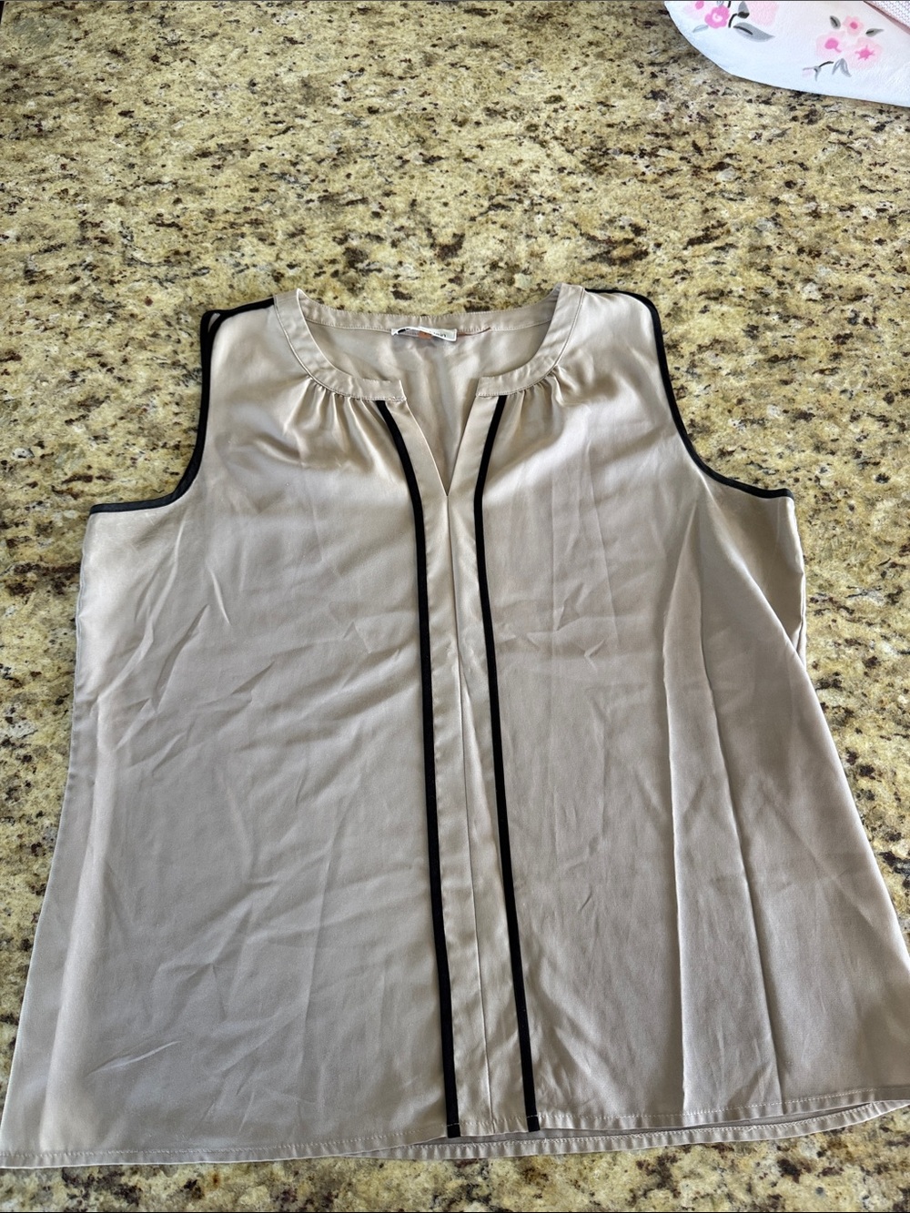 Calvin Klein Beige Sleeveless Blouse with Black Trim